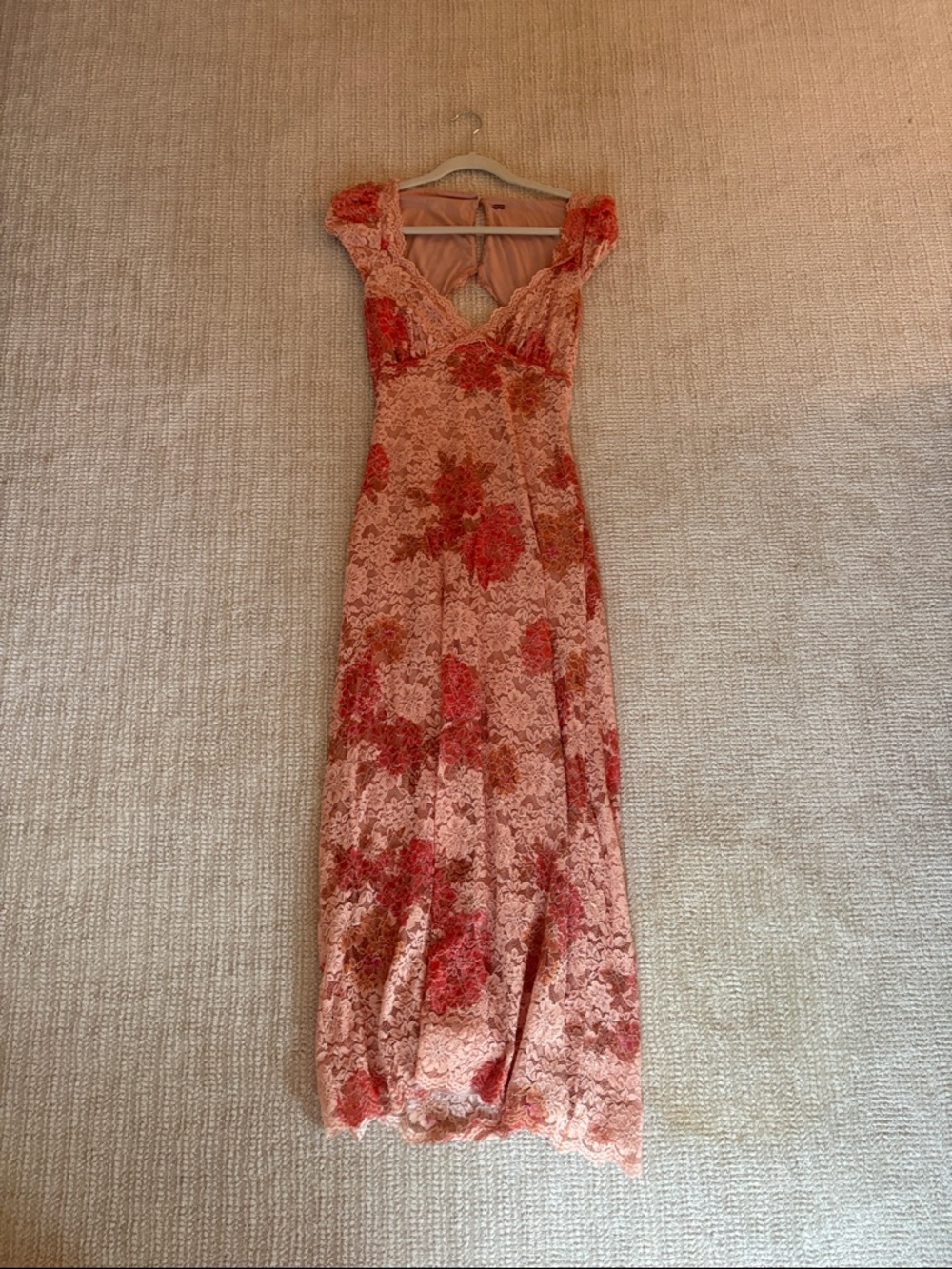 Free People Floral Lace V-Neck Maxi Dress in Coral Pink